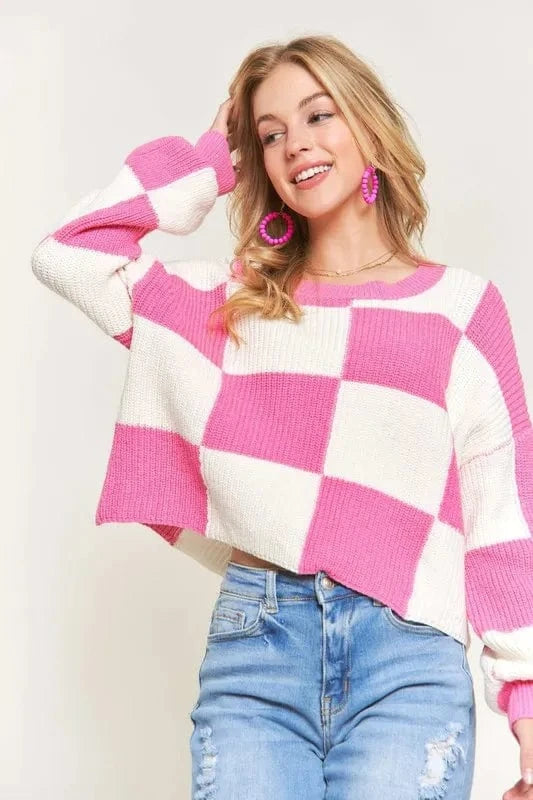 ADORA Plus Size Comfy Checkered Colorblock Sweater Top - ShalayeFashion