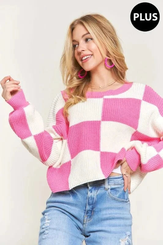 ADORA Plus Size Comfy Checkered Colorblock Sweater Top - ShalayeFashion
