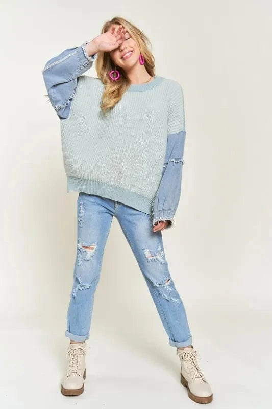 ADORA Plus Size Frayed Denim Sleeve Sweater Top - ShalayeFashion