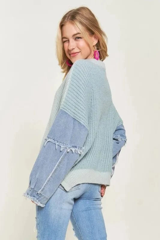 ADORA Plus Size Frayed Denim Sleeve Sweater Top - ShalayeFashion