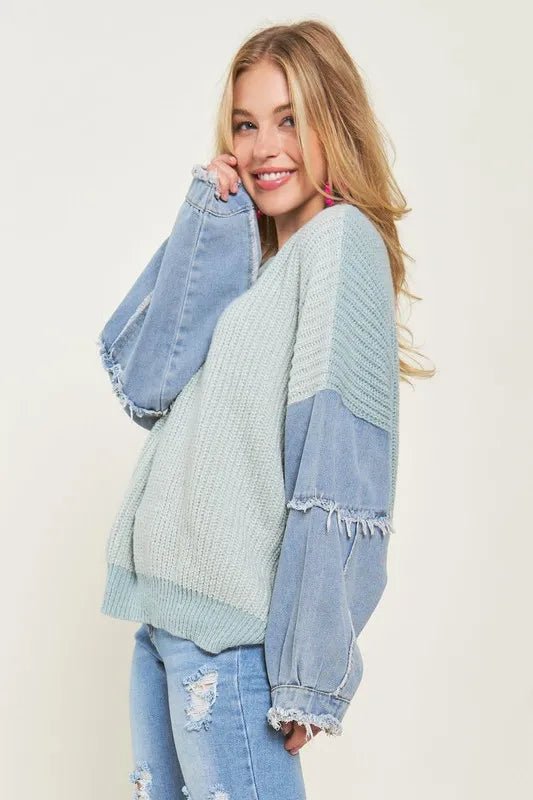 ADORA Plus Size Frayed Denim Sleeve Sweater Top - ShalayeFashion