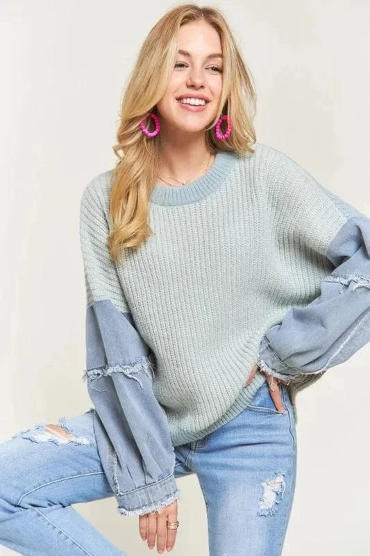 ADORA Plus Size Frayed Denim Sleeve Sweater Top - ShalayeFashion