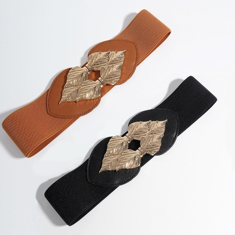 Alloy Leaf Buckle Elastic Belt - ShalayeFashion