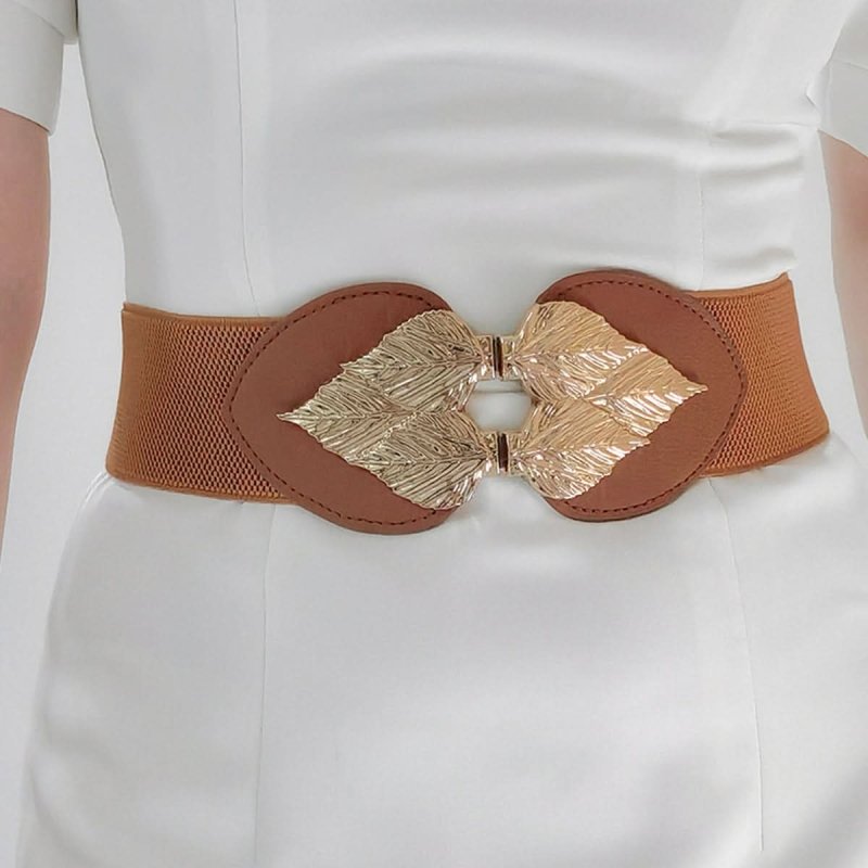 Alloy Leaf Buckle Elastic Belt - ShalayeFashion