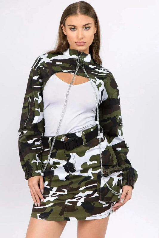 American Bazi Camouflage Cropped Jacket with Chains - ShalayeFashion