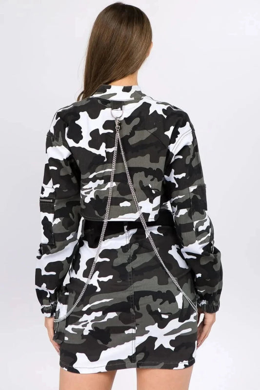 American Bazi Camouflage Cropped Jacket with Chains - ShalayeFashion