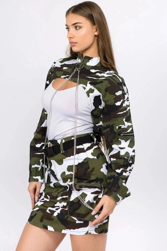American Bazi Camouflage Cropped Jacket with Chains - ShalayeFashion