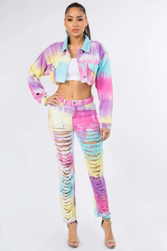 American Bazi Distressed Back Cropped Denim Jacket - ShalayeFashion