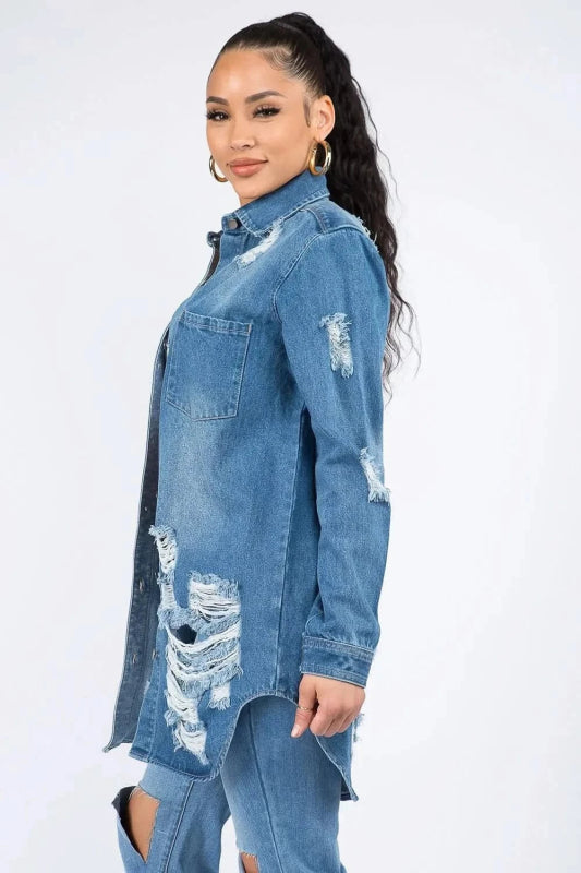 American Bazi Distressed Button Down Denim Shirt Jacket - ShalayeFashion