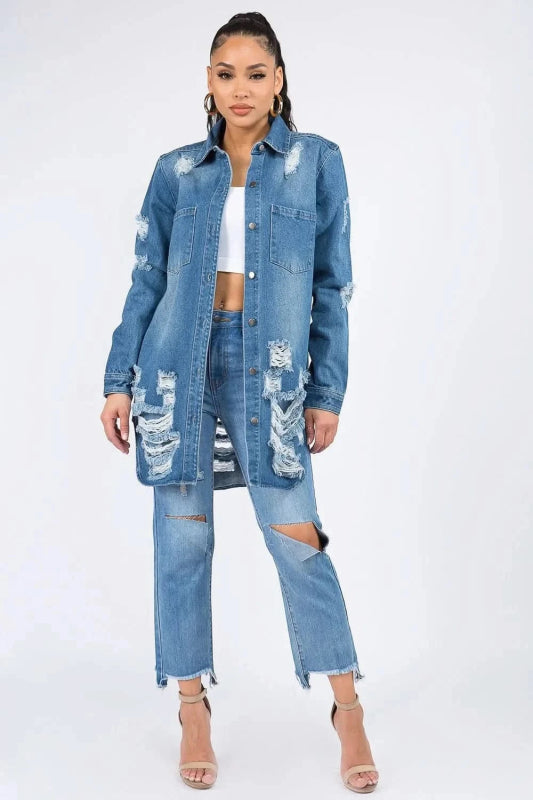 American Bazi Distressed Button Down Denim Shirt Jacket - ShalayeFashion