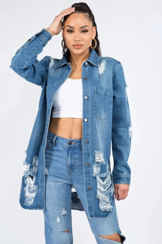 American Bazi Distressed Button Down Denim Shirt Jacket - ShalayeFashion