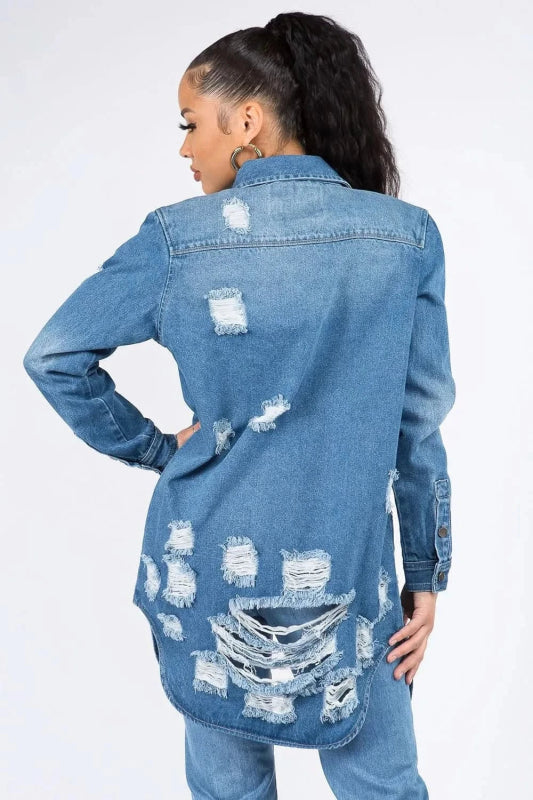 American Bazi Distressed Button Down Denim Shirt Jacket - ShalayeFashion
