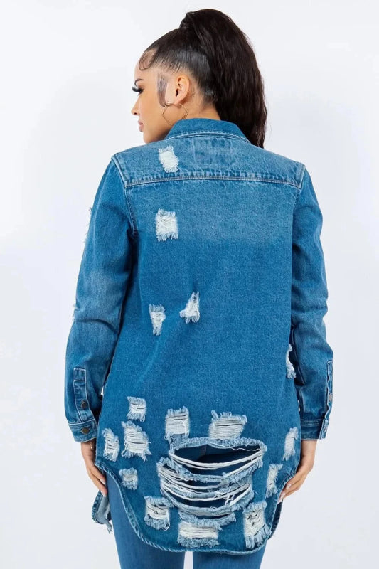 American Bazi Distressed Button Up Long Sleeve Denim Jacket - ShalayeFashion