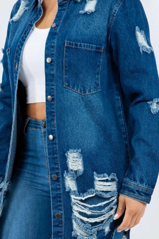 American Bazi Distressed Button Up Long Sleeve Denim Jacket - ShalayeFashion