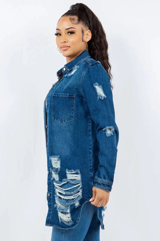 American Bazi Distressed Button Up Long Sleeve Denim Jacket - ShalayeFashion