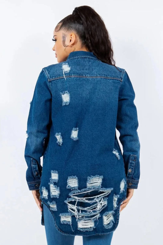 American Bazi Distressed Button Up Long Sleeve Denim Jacket - ShalayeFashion