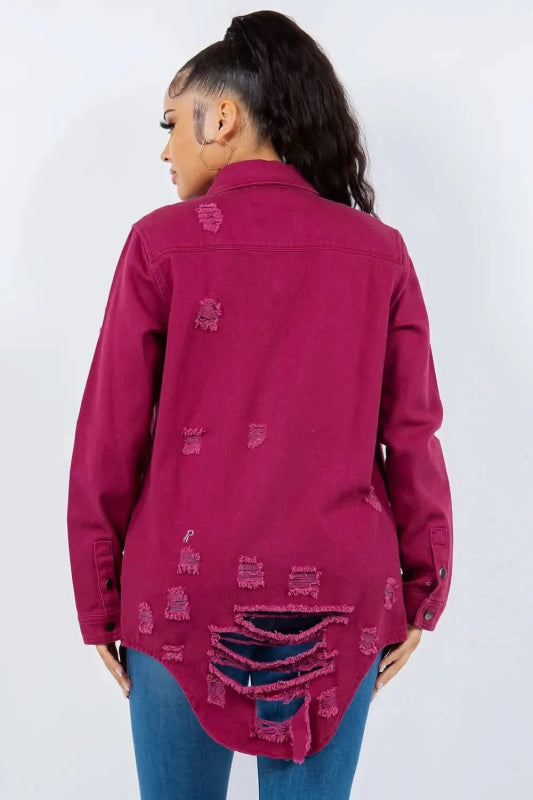 American Bazi Distressed Button Up Long Sleeve Denim Jacket - ShalayeFashion