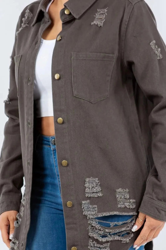 American Bazi Distressed Button Up Long Sleeve Denim Jacket - ShalayeFashion