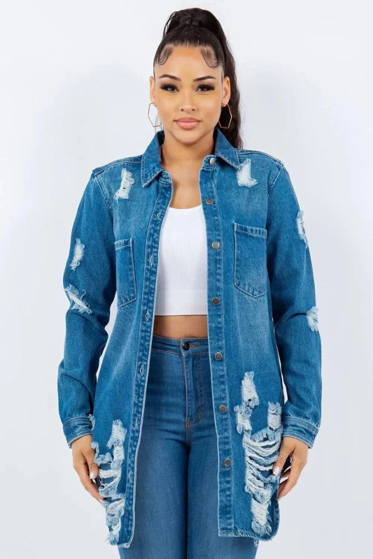 American Bazi Distressed Button Up Long Sleeve Denim Jacket - ShalayeFashion