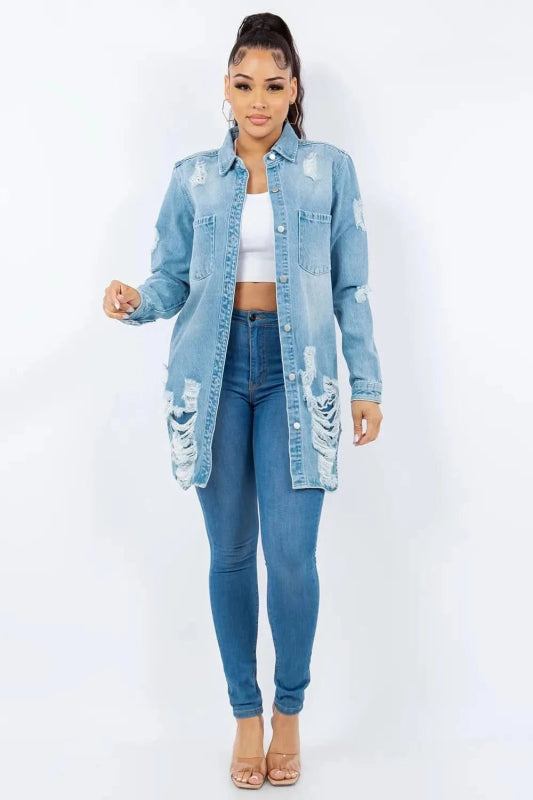 American Bazi Distressed Button Up Long Sleeve Denim Jacket - ShalayeFashion