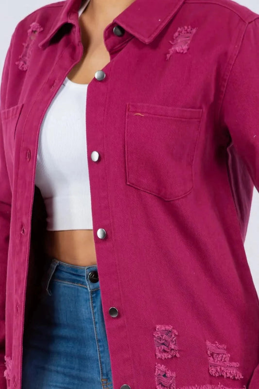 American Bazi Distressed Button Up Long Sleeve Denim Jacket - ShalayeFashion