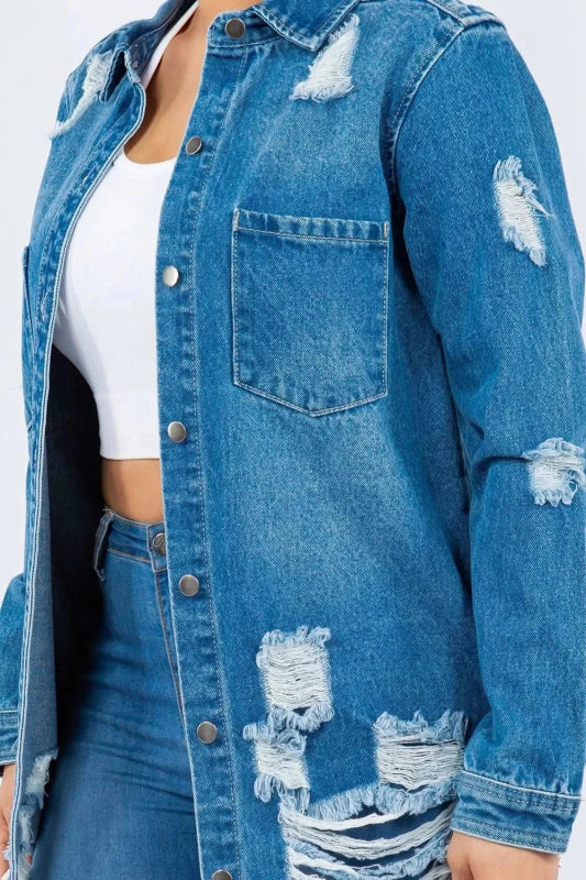 American Bazi Distressed Button Up Long Sleeve Denim Jacket - ShalayeFashion