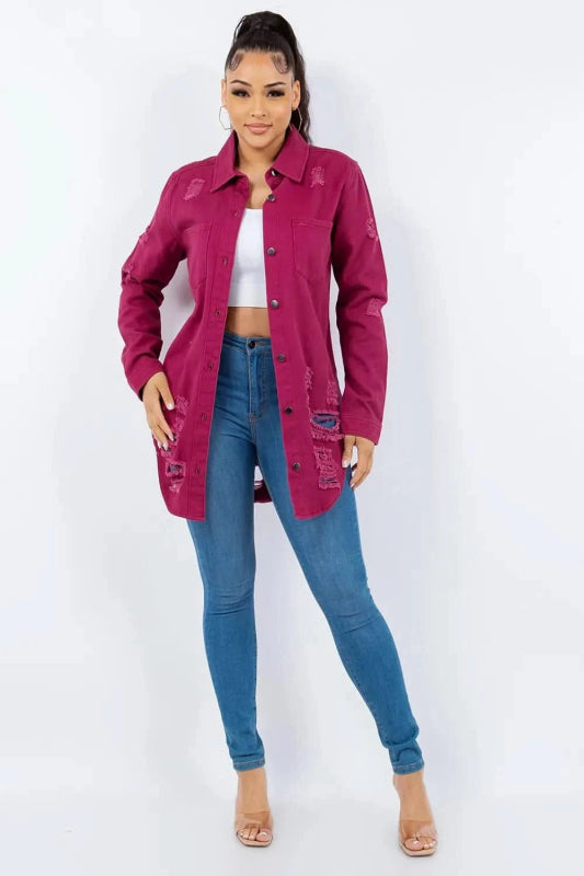 American Bazi Distressed Button Up Long Sleeve Denim Jacket - ShalayeFashion