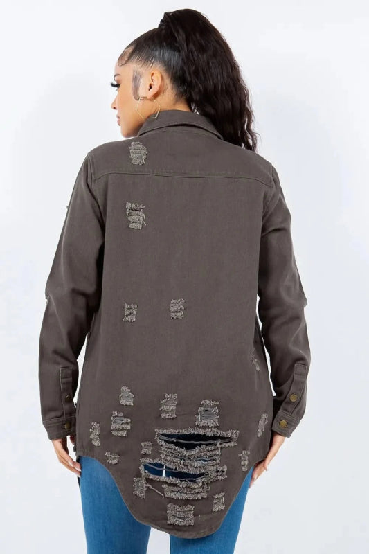 American Bazi Distressed Button Up Long Sleeve Denim Jacket - ShalayeFashion