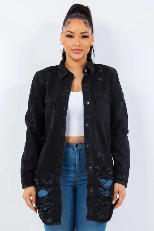 American Bazi Distressed Button Up Long Sleeve Denim Jacket - ShalayeFashion