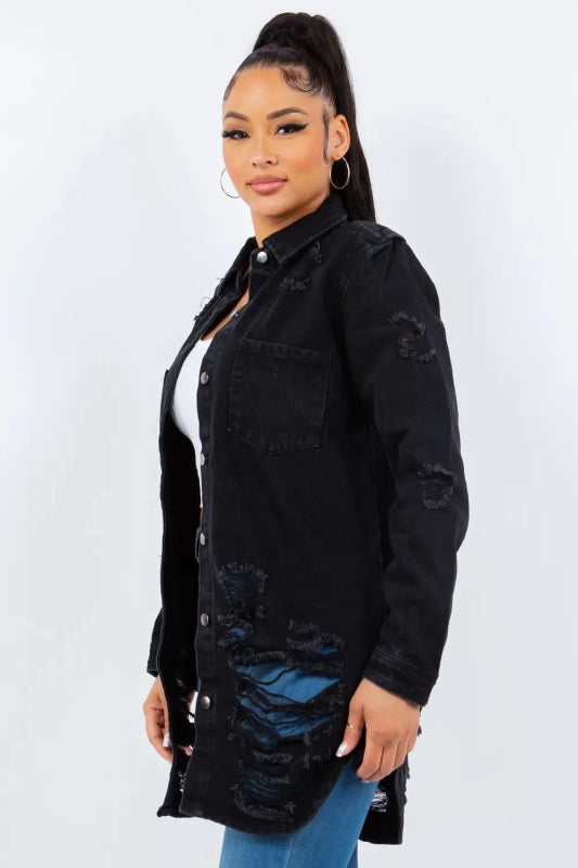 American Bazi Distressed Button Up Long Sleeve Denim Jacket - ShalayeFashion