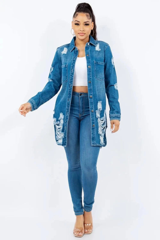 American Bazi Distressed Button Up Long Sleeve Denim Jacket - ShalayeFashion