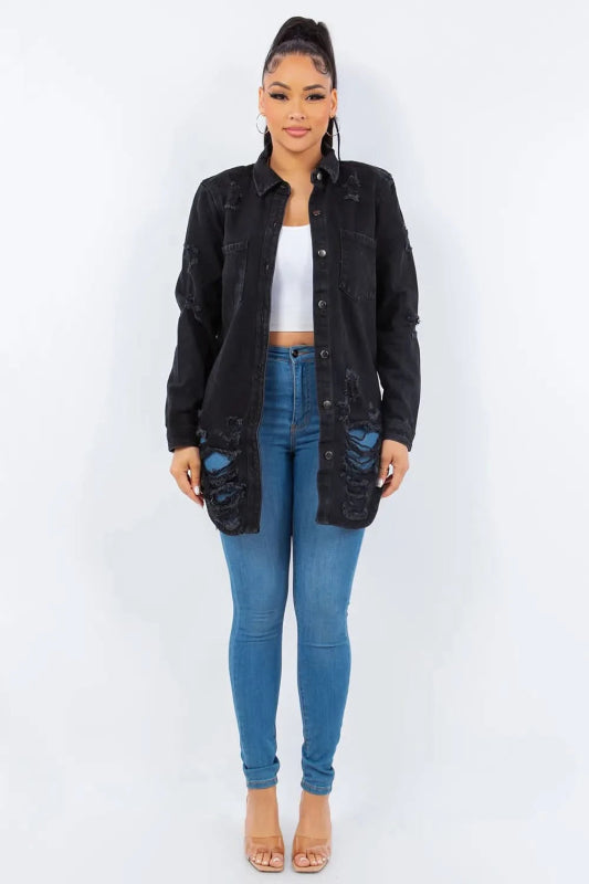 American Bazi Distressed Button Up Long Sleeve Denim Jacket - ShalayeFashion