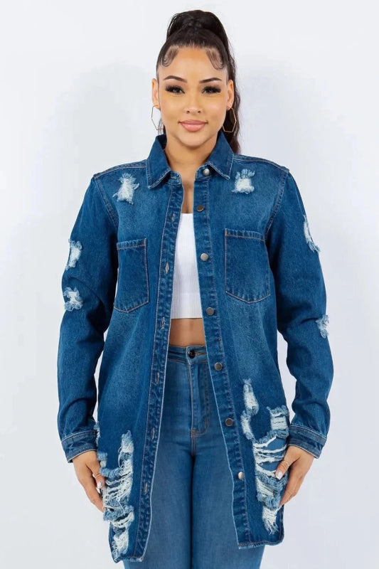 American Bazi Distressed Button Up Long Sleeve Denim Jacket - ShalayeFashion