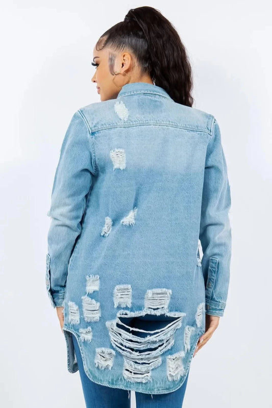 American Bazi Distressed Button Up Long Sleeve Denim Jacket - ShalayeFashion