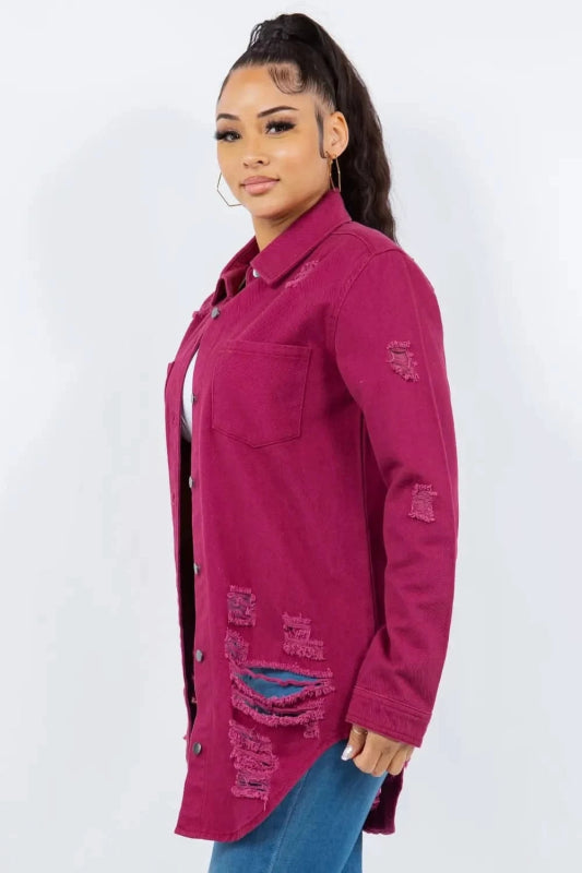 American Bazi Distressed Button Up Long Sleeve Denim Jacket - ShalayeFashion