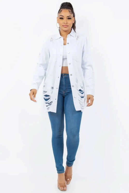 American Bazi Distressed Button Up Long Sleeve Denim Jacket - ShalayeFashion