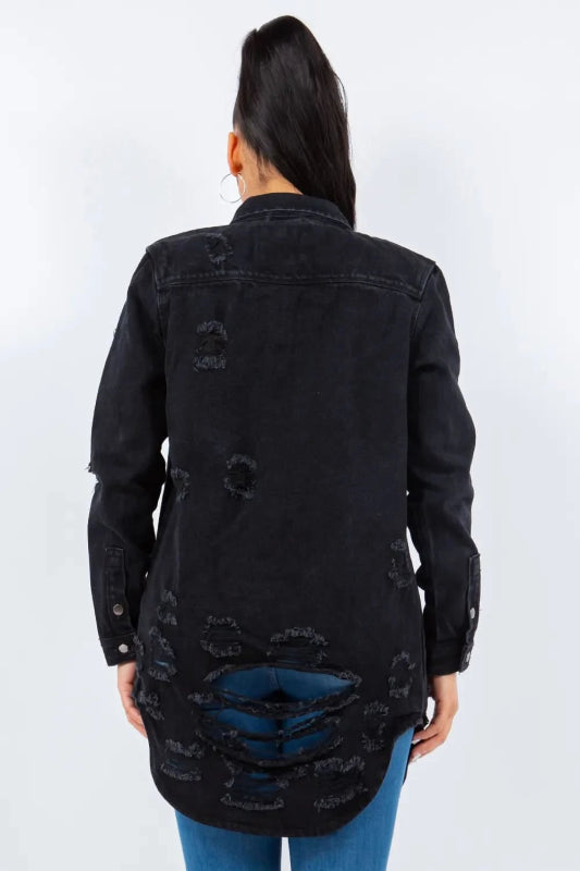 American Bazi Distressed Button Up Long Sleeve Denim Jacket - ShalayeFashion