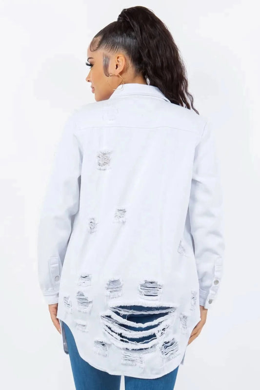 American Bazi Distressed Button Up Long Sleeve Denim Jacket - ShalayeFashion