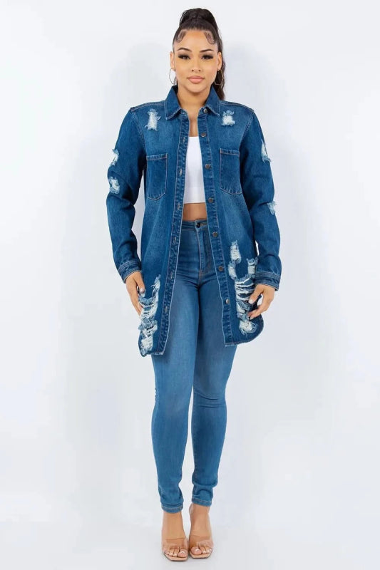 American Bazi Distressed Button Up Long Sleeve Denim Jacket - ShalayeFashion