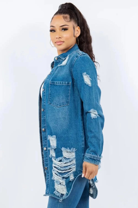 American Bazi Distressed Button Up Long Sleeve Denim Jacket - ShalayeFashion