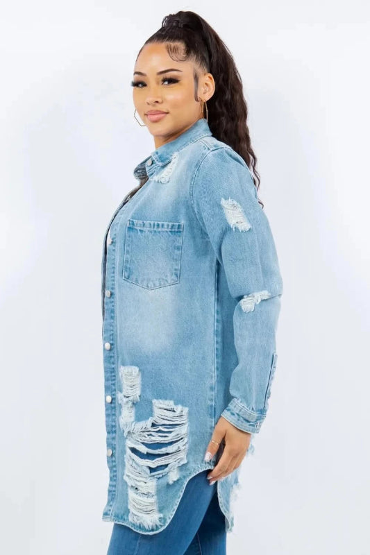 American Bazi Distressed Button Up Long Sleeve Denim Jacket - ShalayeFashion