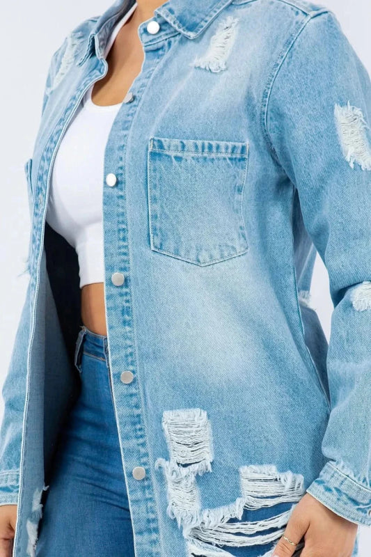 American Bazi Distressed Button Up Long Sleeve Denim Jacket - ShalayeFashion