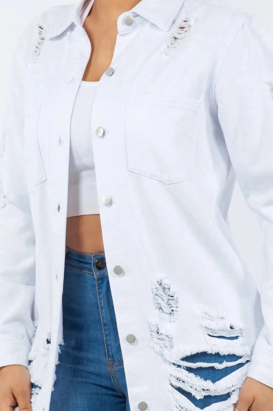American Bazi Distressed Button Up Long Sleeve Denim Jacket - ShalayeFashion