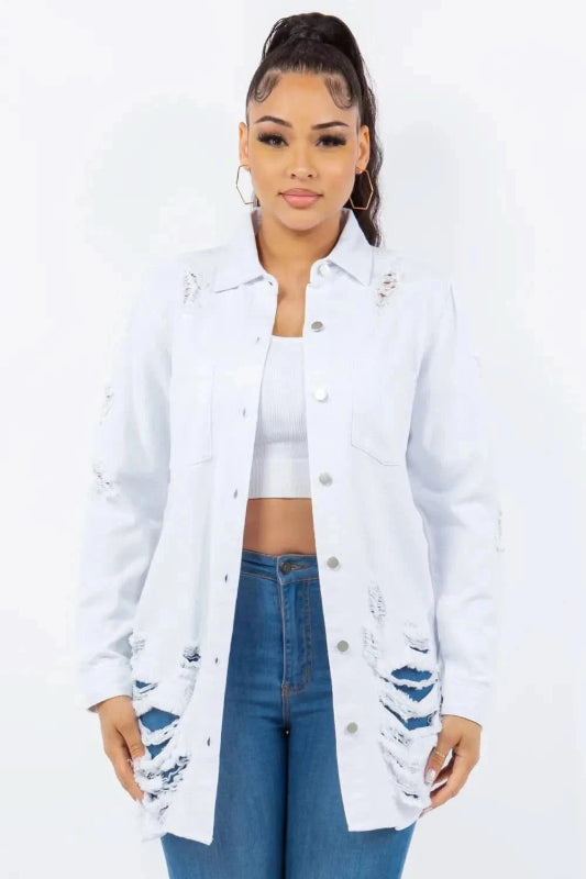 American Bazi Distressed Button Up Long Sleeve Denim Jacket - ShalayeFashion