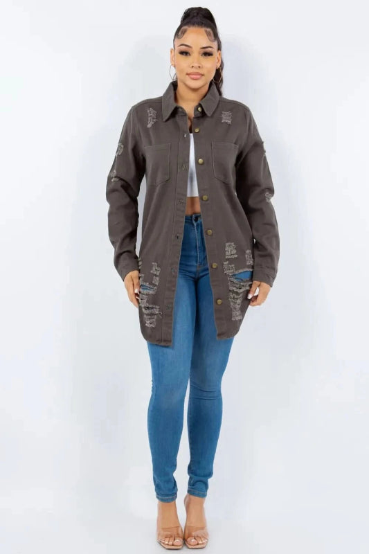 American Bazi Distressed Button Up Long Sleeve Denim Jacket - ShalayeFashion