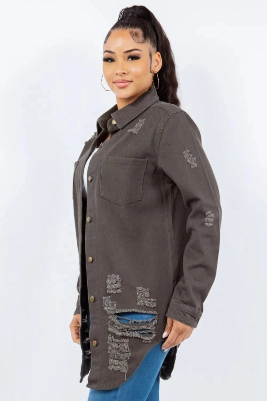 American Bazi Distressed Button Up Long Sleeve Denim Jacket - ShalayeFashion
