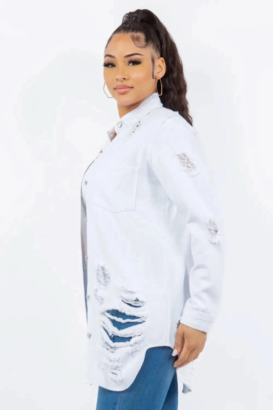 American Bazi Distressed Button Up Long Sleeve Denim Jacket - ShalayeFashion