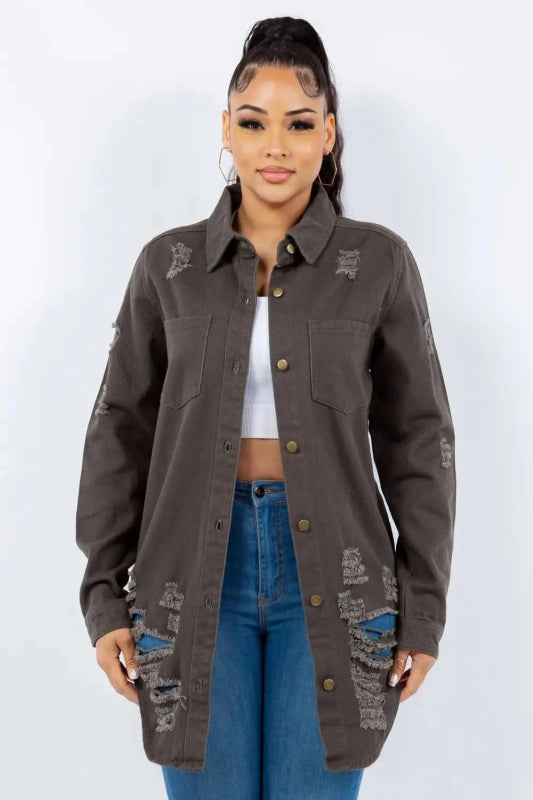 American Bazi Distressed Button Up Long Sleeve Denim Jacket - ShalayeFashion