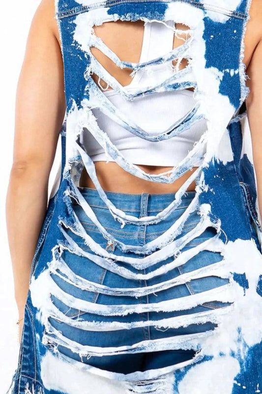 American Bazi Distressed Frayed Edge Longline Denim Vest - ShalayeFashion