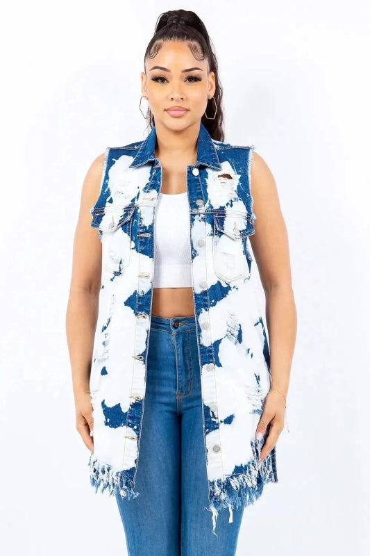 American Bazi Distressed Frayed Edge Longline Denim Vest - ShalayeFashion